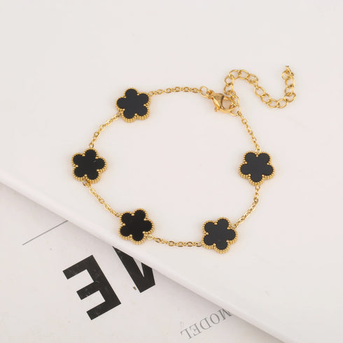 Adjustable Gold-Plated Stainless Steel Plant Flower Bracelet for Women – Trendy Clover Design with Five Leaf Petals, Waterproof & Anti-Allergic Jewelry Gift